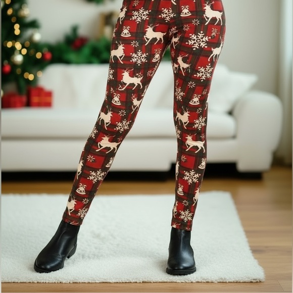 S NEW Girls Christmas Red Plaid Reindeer Leggings, Luxury Soft Yoga Pants - Picture 7 of 10
